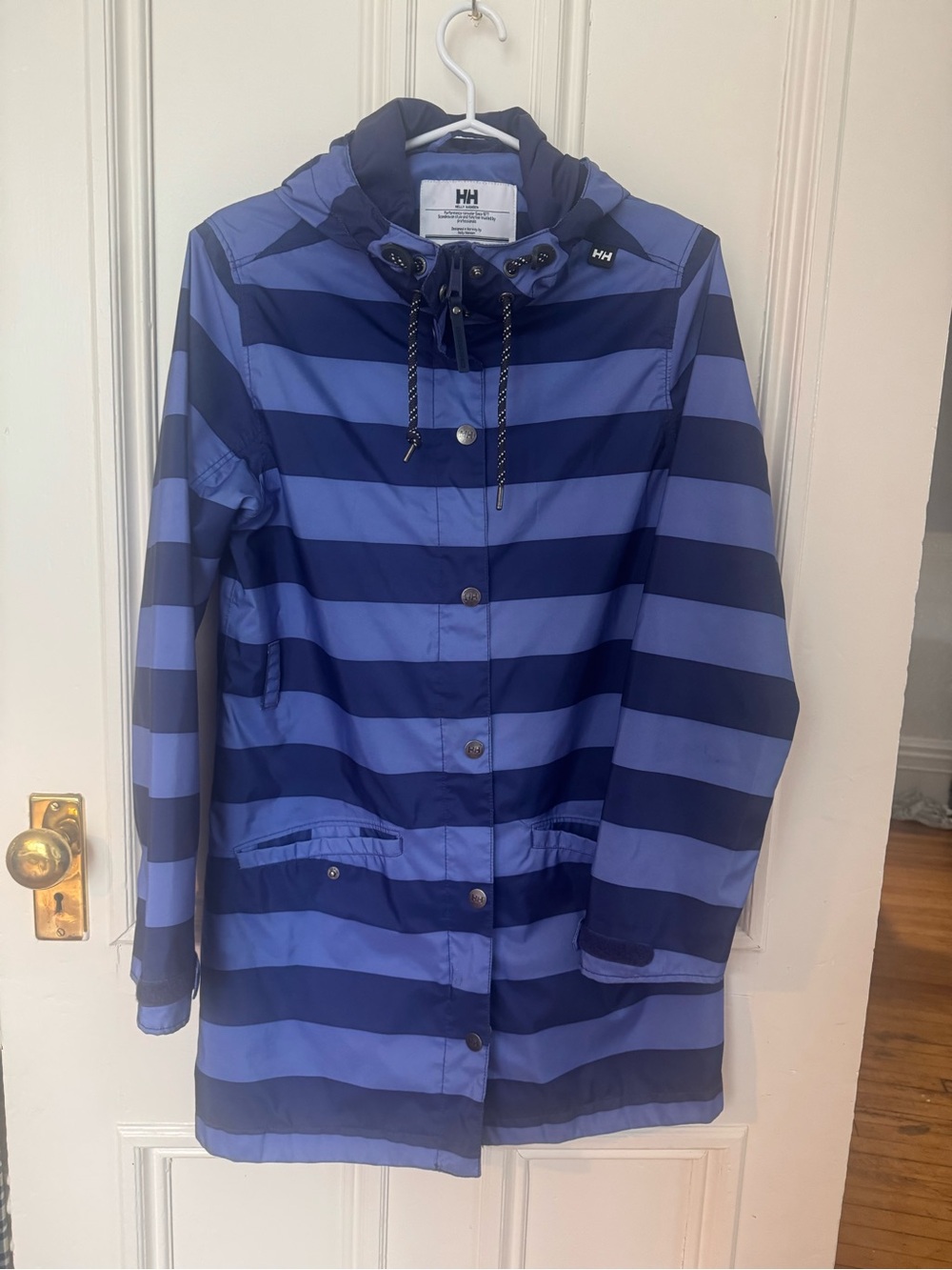 Helly Hansen Blue and Navy Striped Hooded Trench Coat